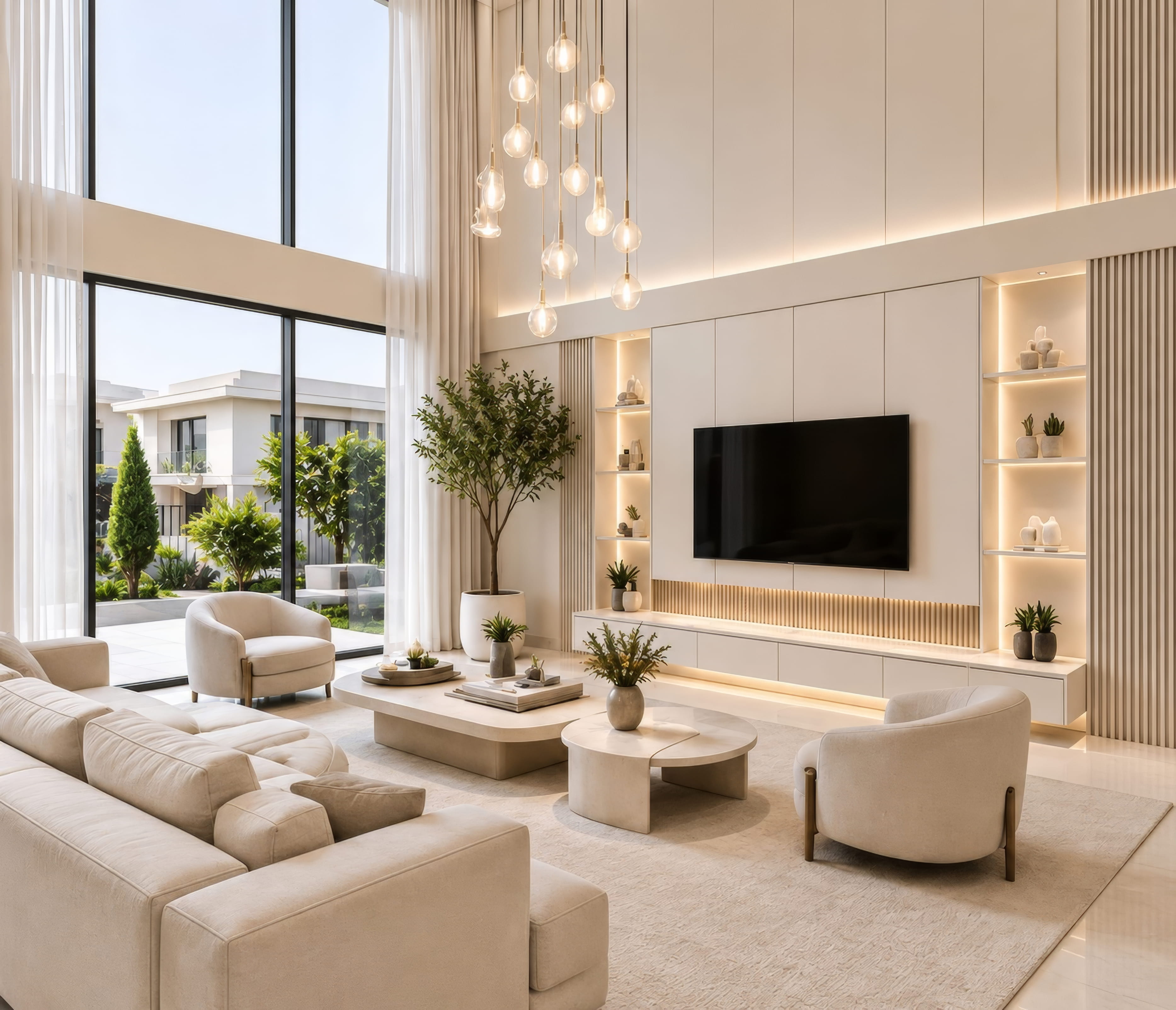 Private Villa Interior living room with indoor greenery and warm lighting