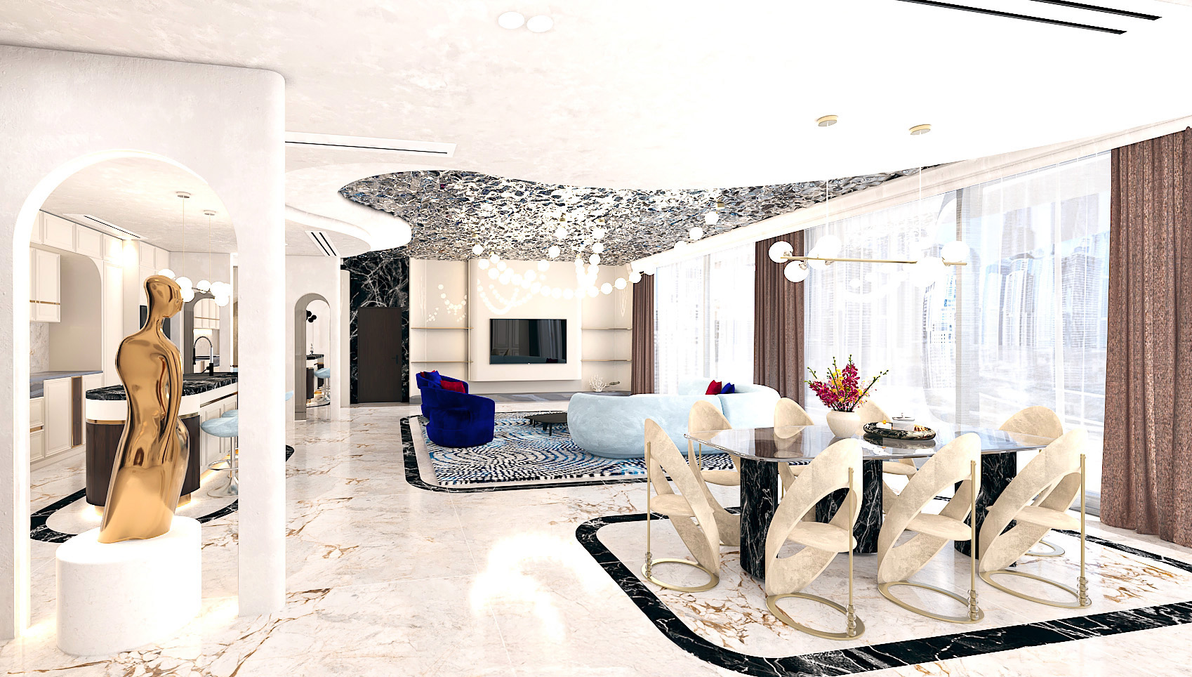 Luxury living room and kitchen interior