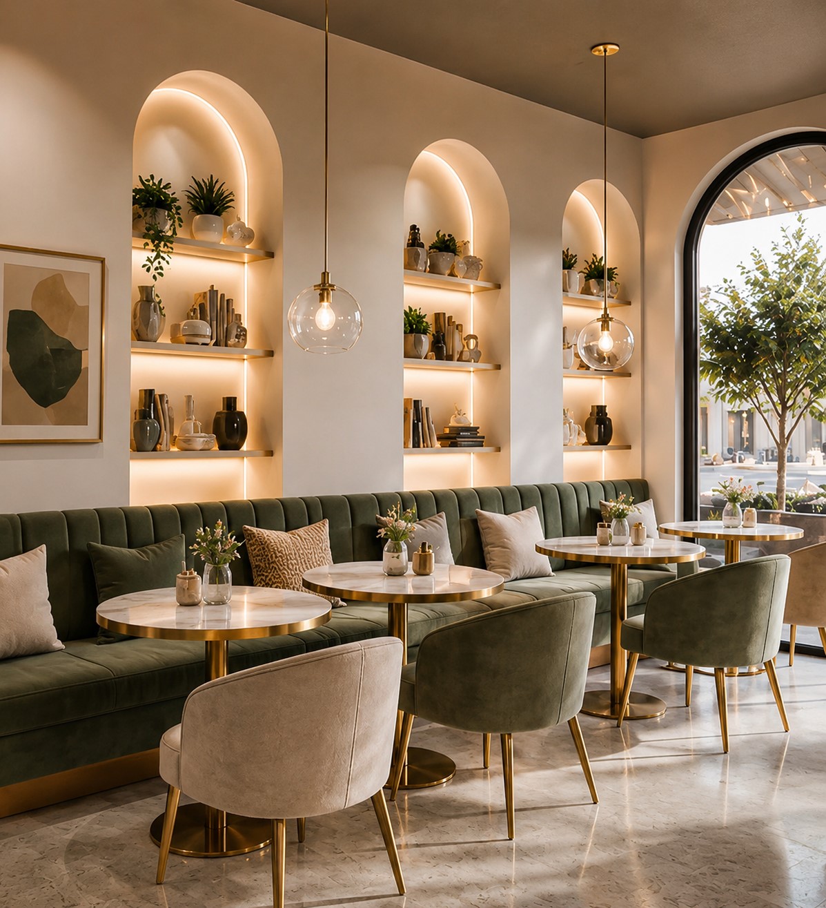 Elegant restaurant interior with arched shelving and warm lighting
