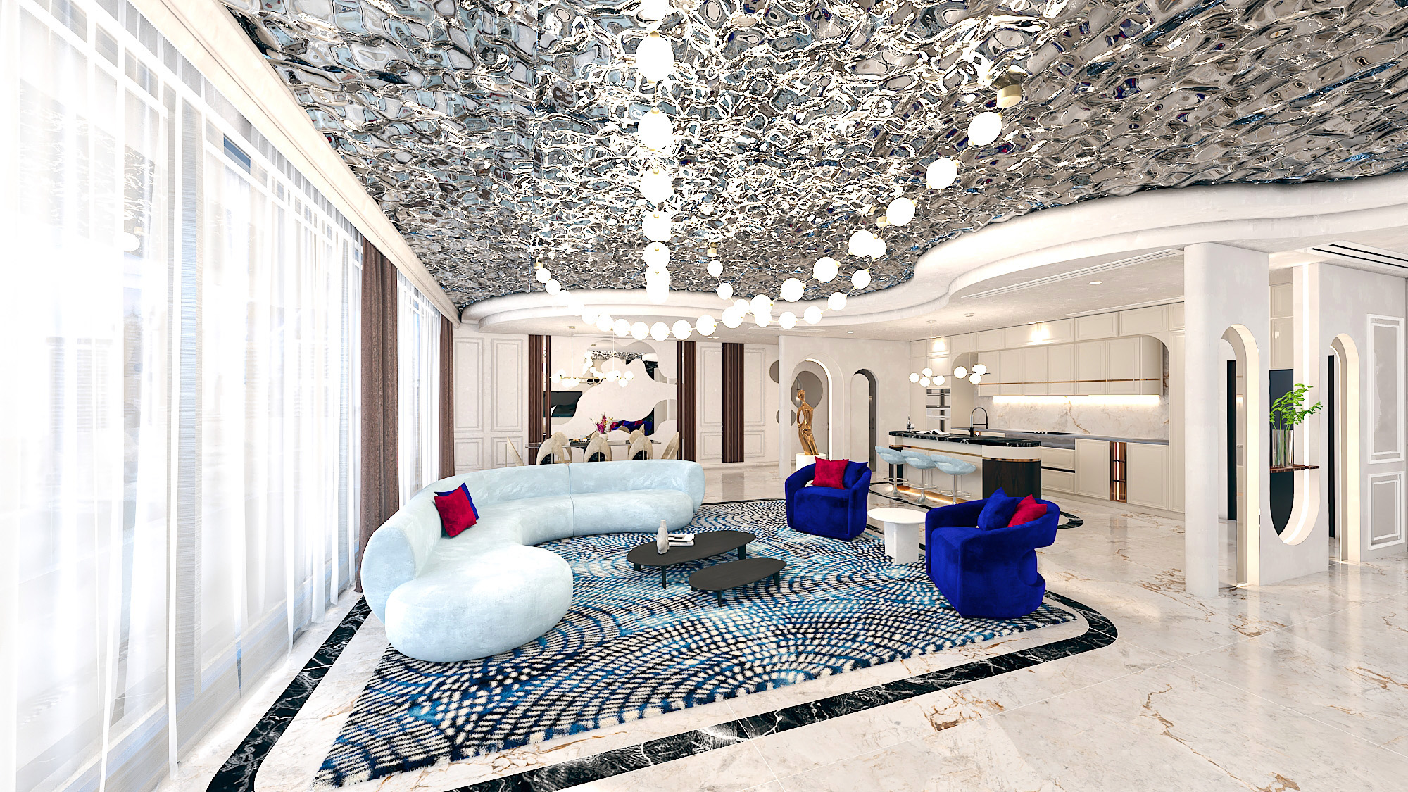 Luxury interior lounge with chandelier and curved walls
