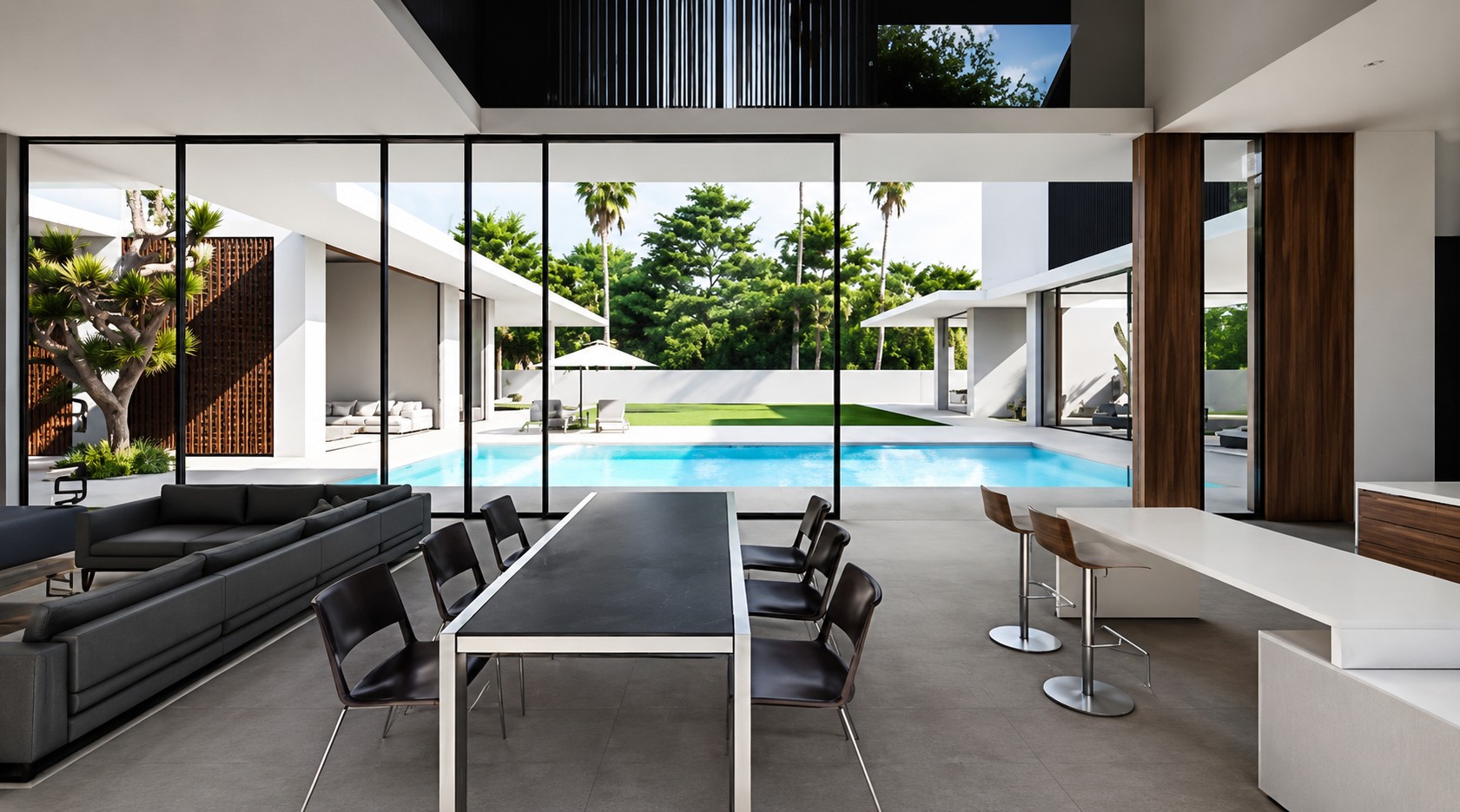 Refined dining space with layered architectural lighting