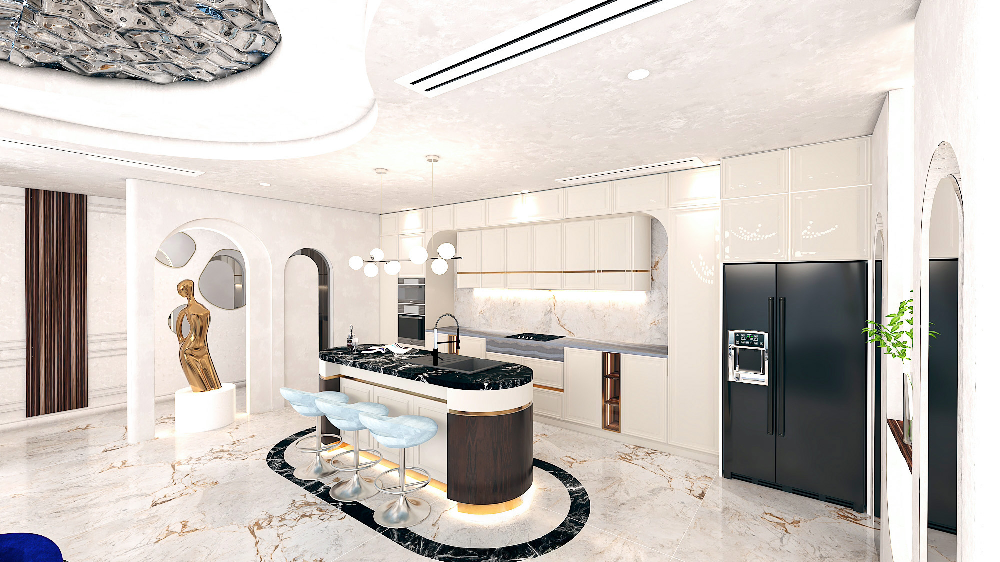 Luxury living room interior with sculptural lighting