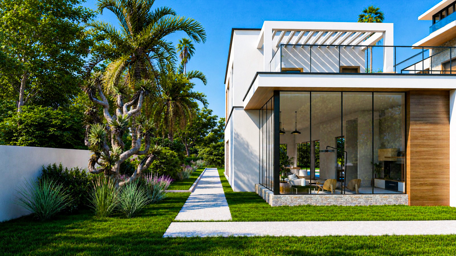 Side garden and glazed living area of Al Khawaneej Villa