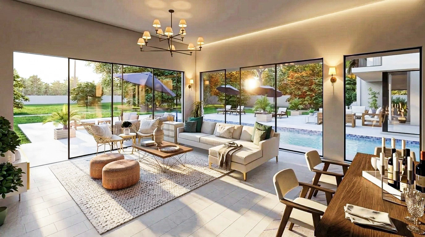 Open-plan living area overlooking the pool