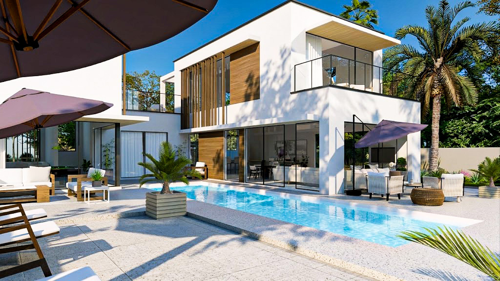 Pool terrace and rear elevation of Al Khawaneej Villa