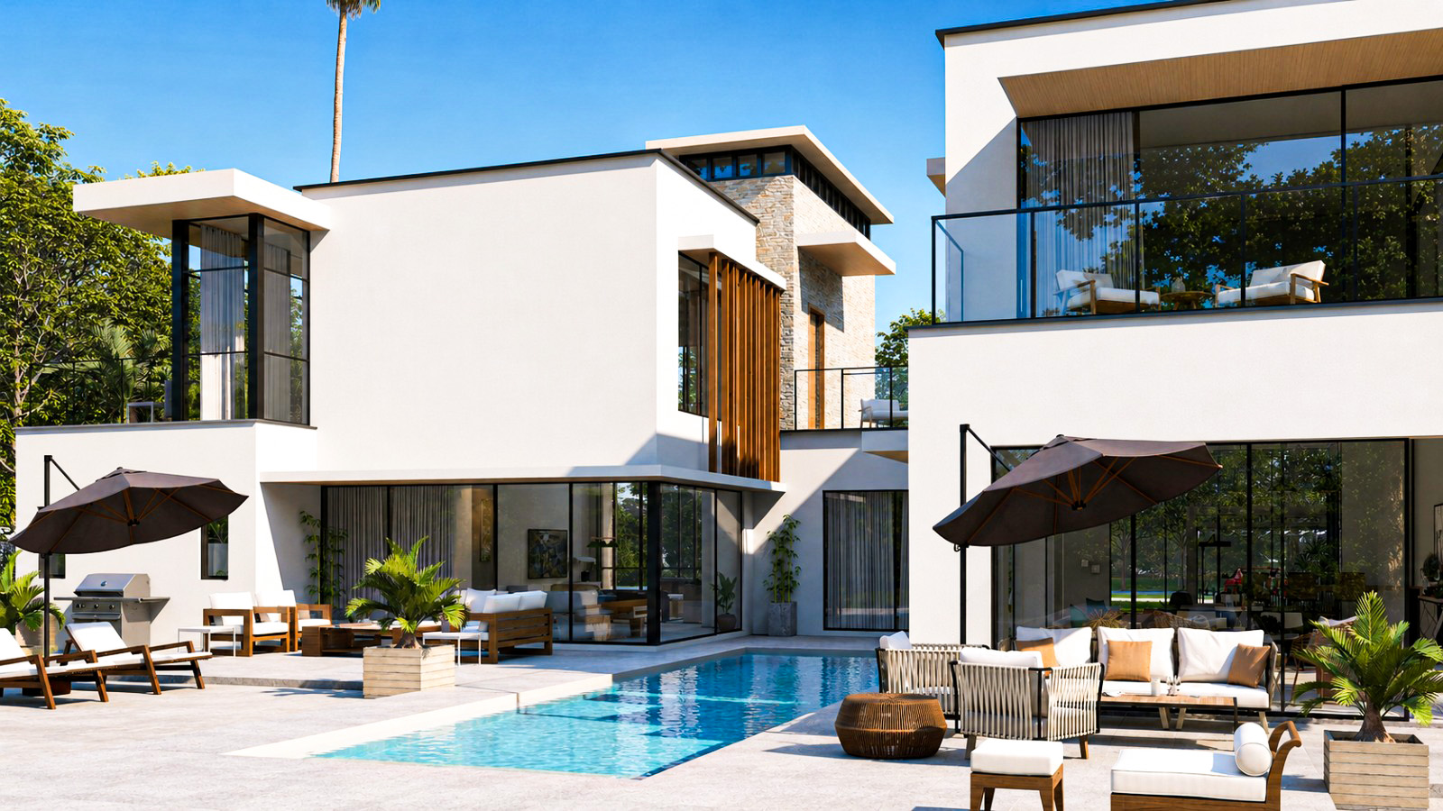 Rear villa elevation with pool and outdoor seating