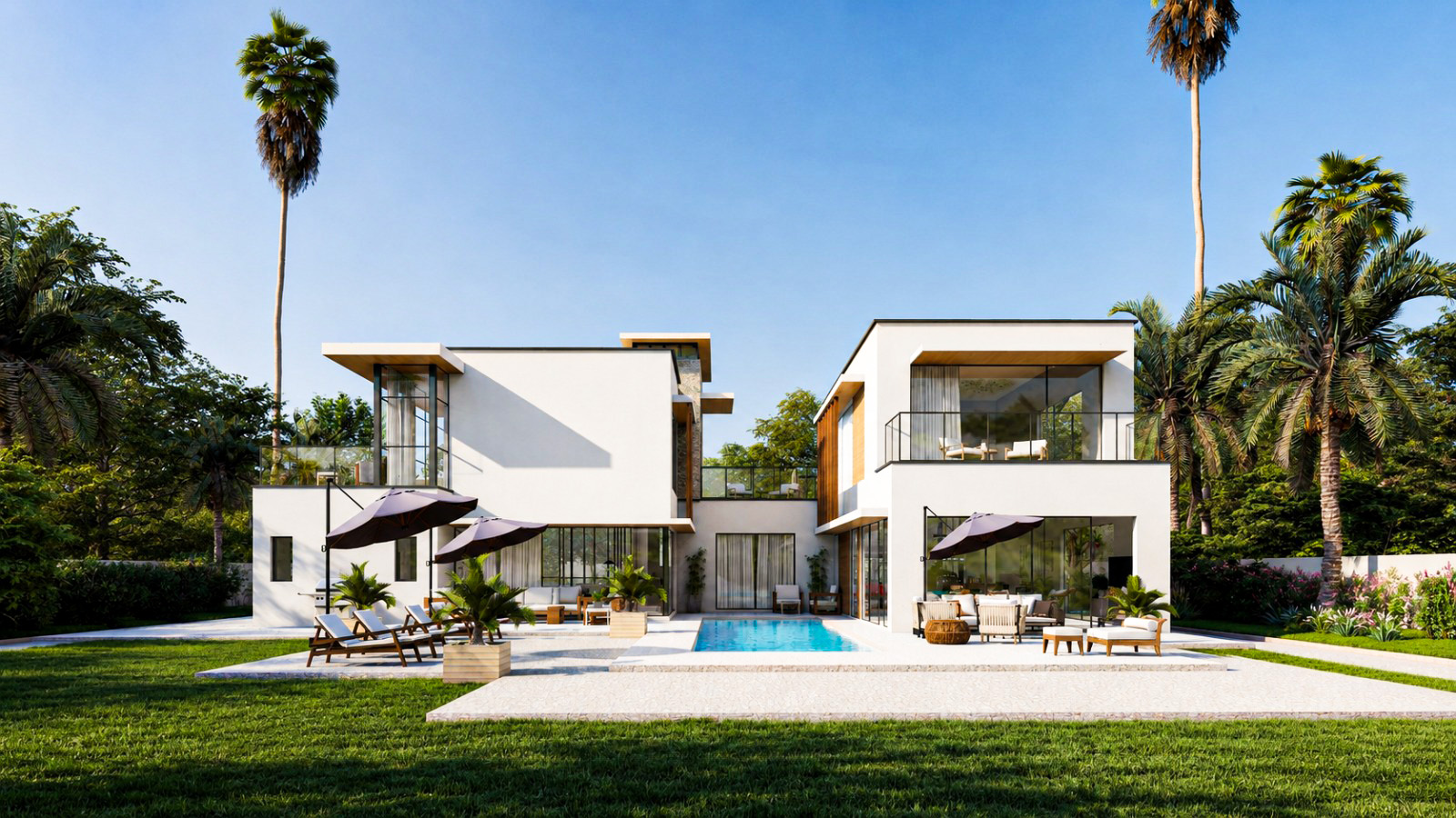 Wide rear view of the villa and landscaped garden