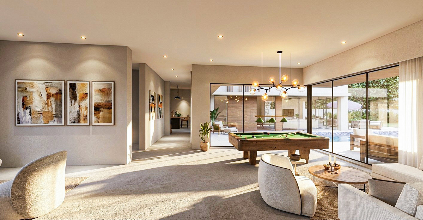 Interior recreation area opening onto the pool