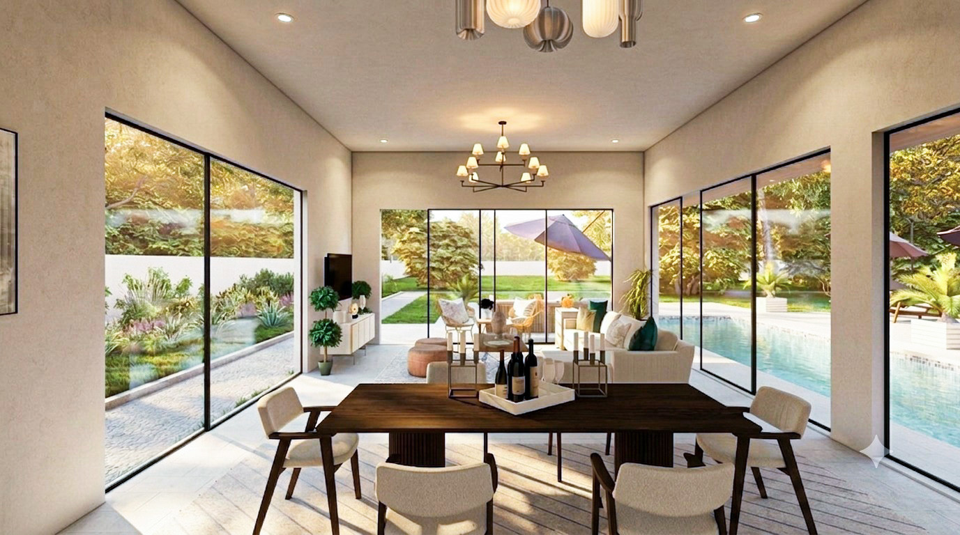 Dining and living spaces framed by garden views