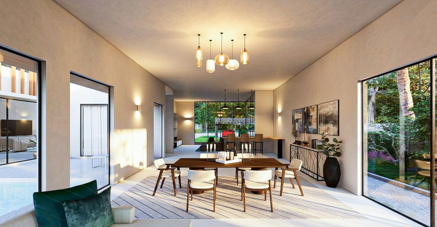 Dining room with garden and pool views
