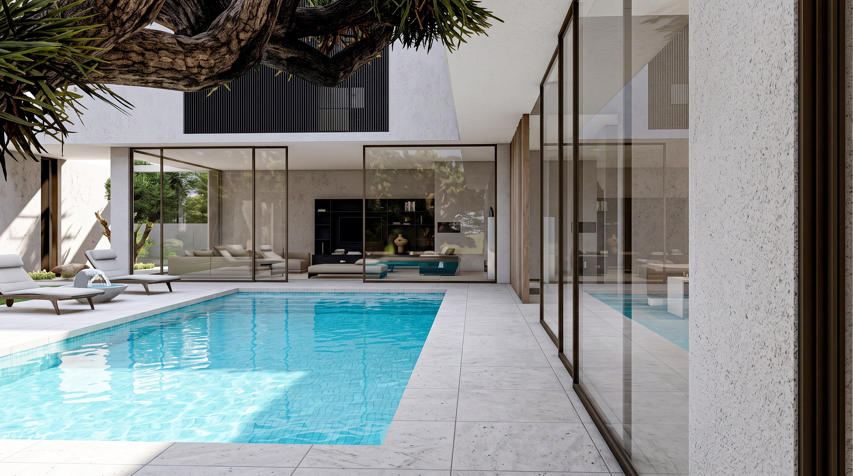 Courtyard Villa pool framed by floor-to-ceiling glazing