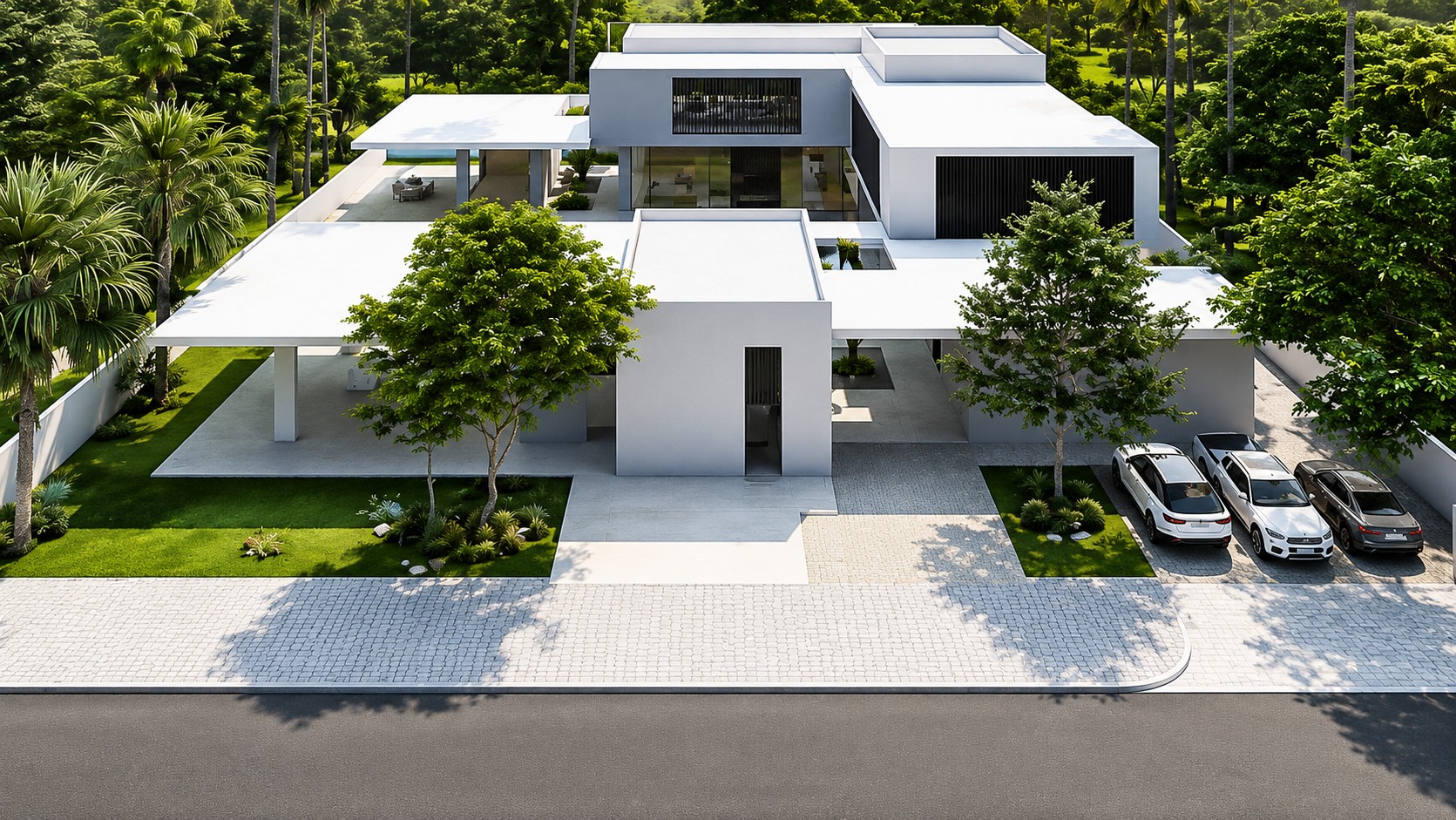 Aerial view of the Courtyard Villa and landscaped grounds