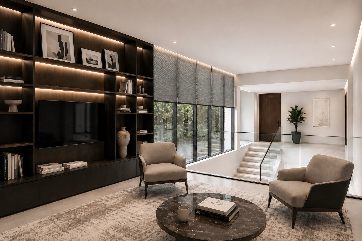 Courtyard Villa upper lounge with integrated dark timber shelving
