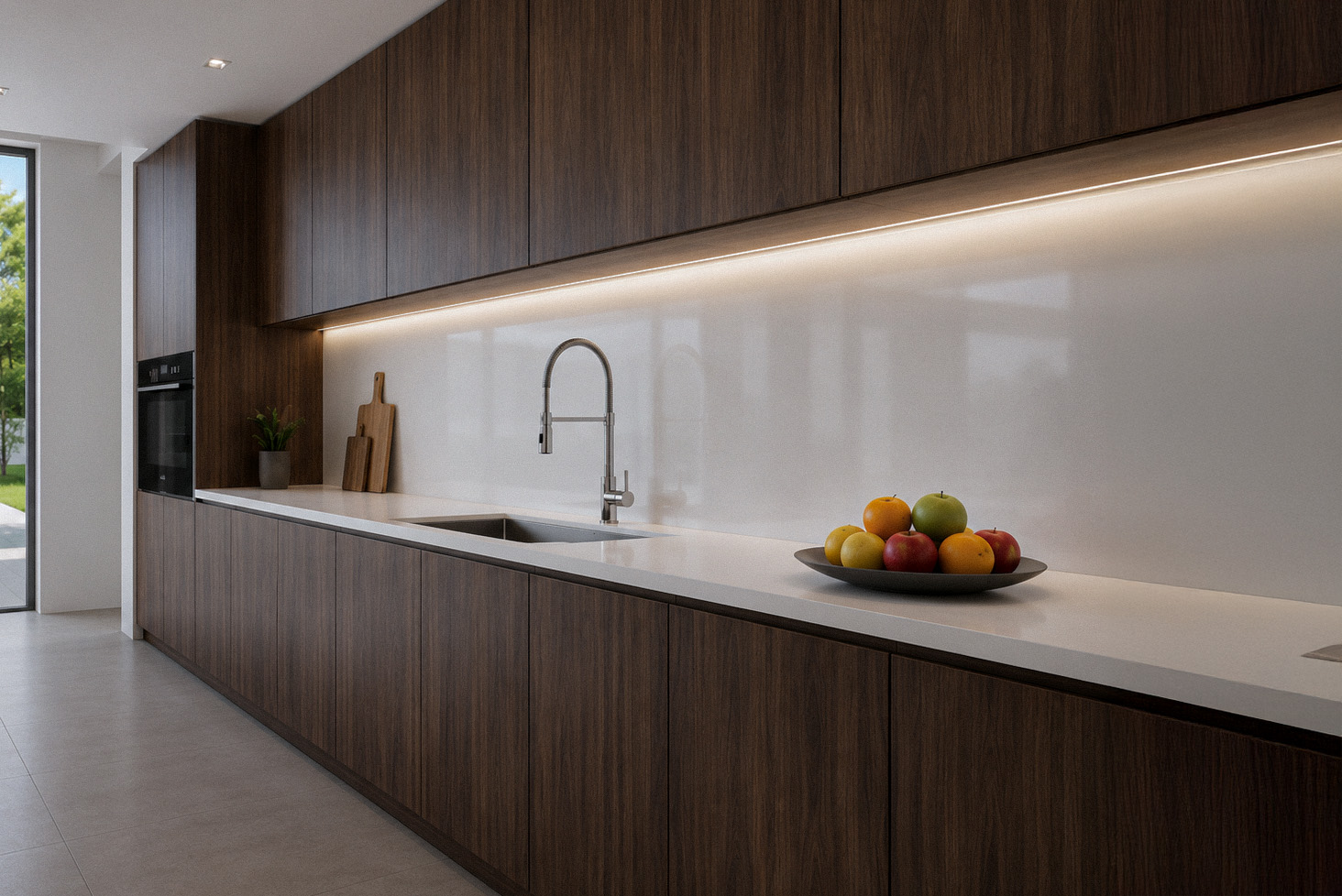 Minimal walnut kitchen with a white stone worktop