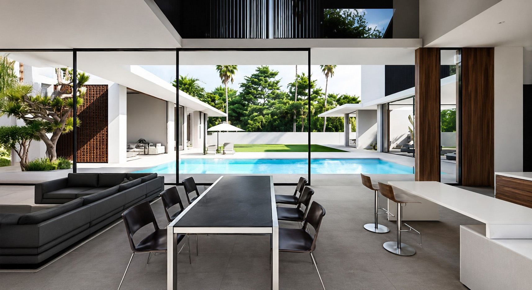 Open-plan dining and kitchen overlooking the courtyard pool
