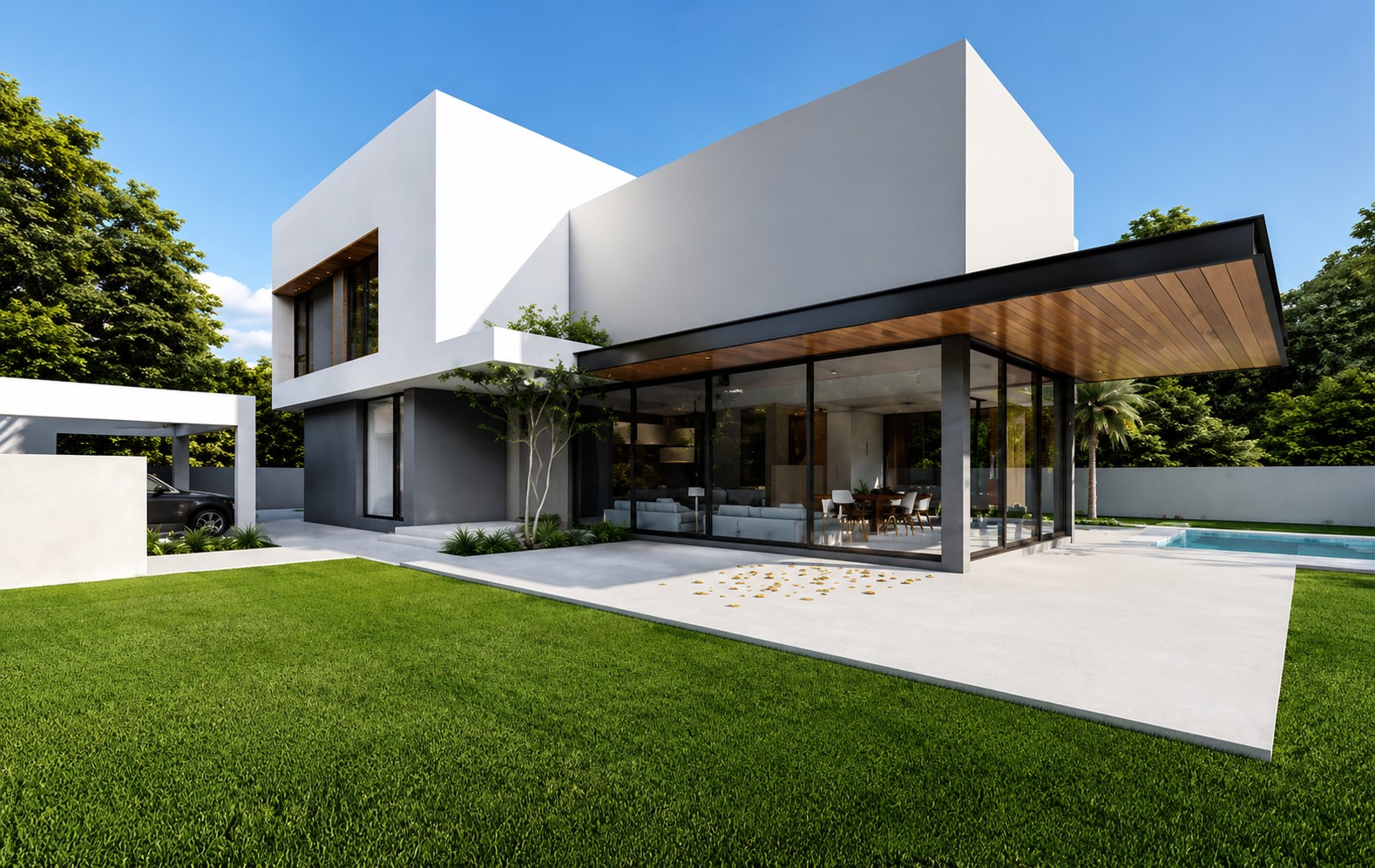Contemporary white villa with glass walls and landscaping