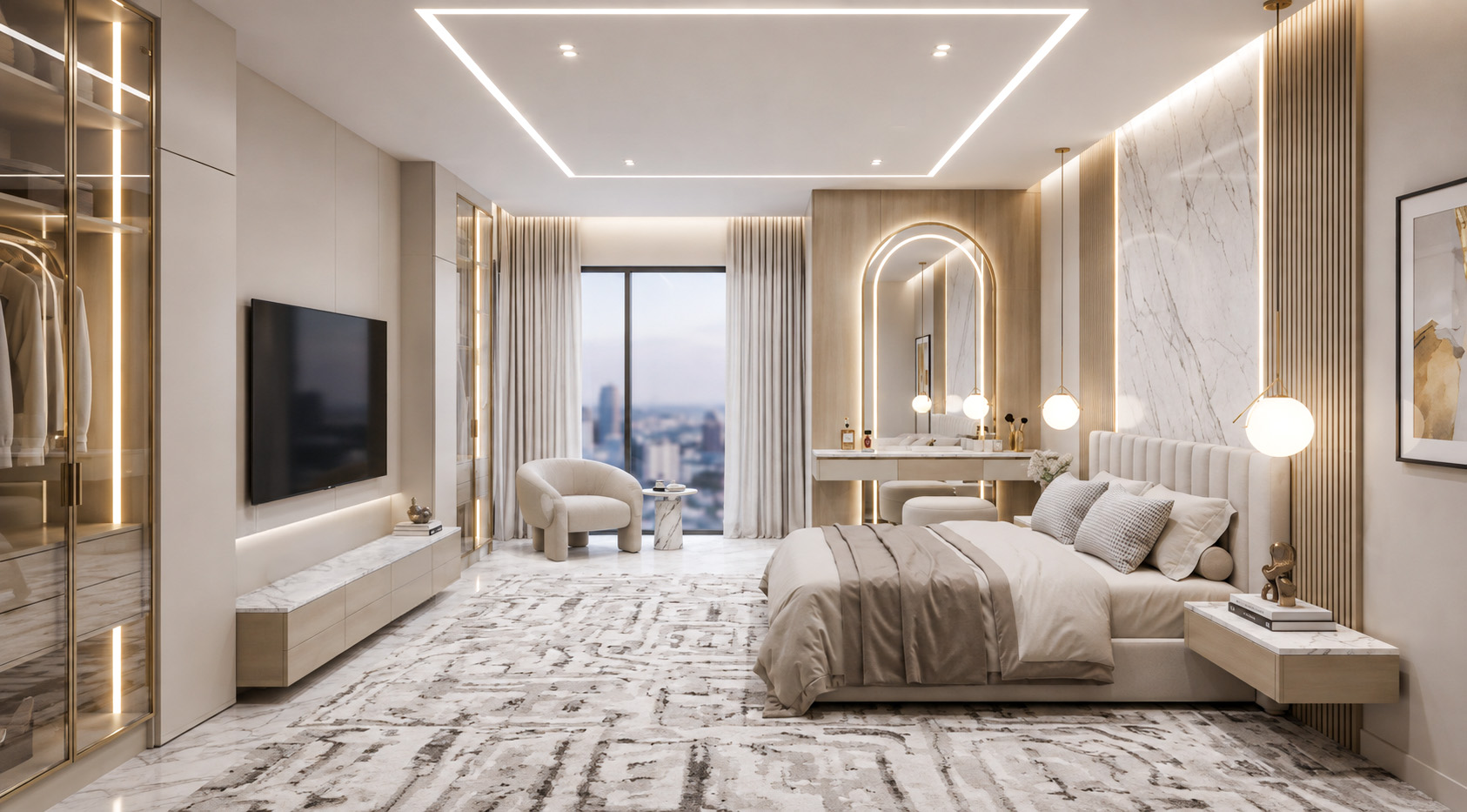 Elegant bedroom with an illuminated dressing table, integrated wardrobes, and warm neutral finishes