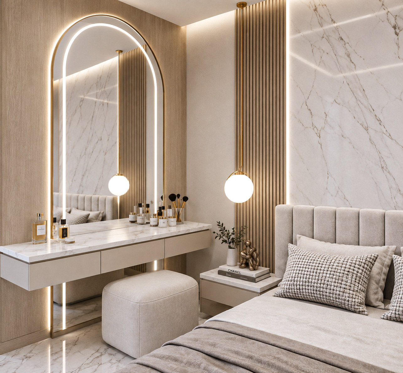 Bedroom vanity and bedside detail with marble, light timber, and brass lighting