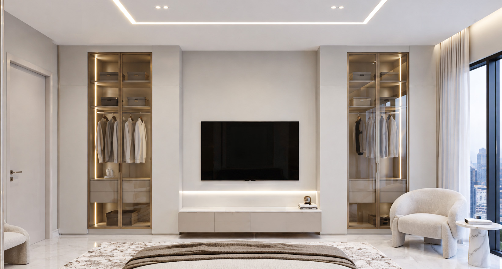 Bedroom media wall framed by illuminated glass wardrobes and a city view