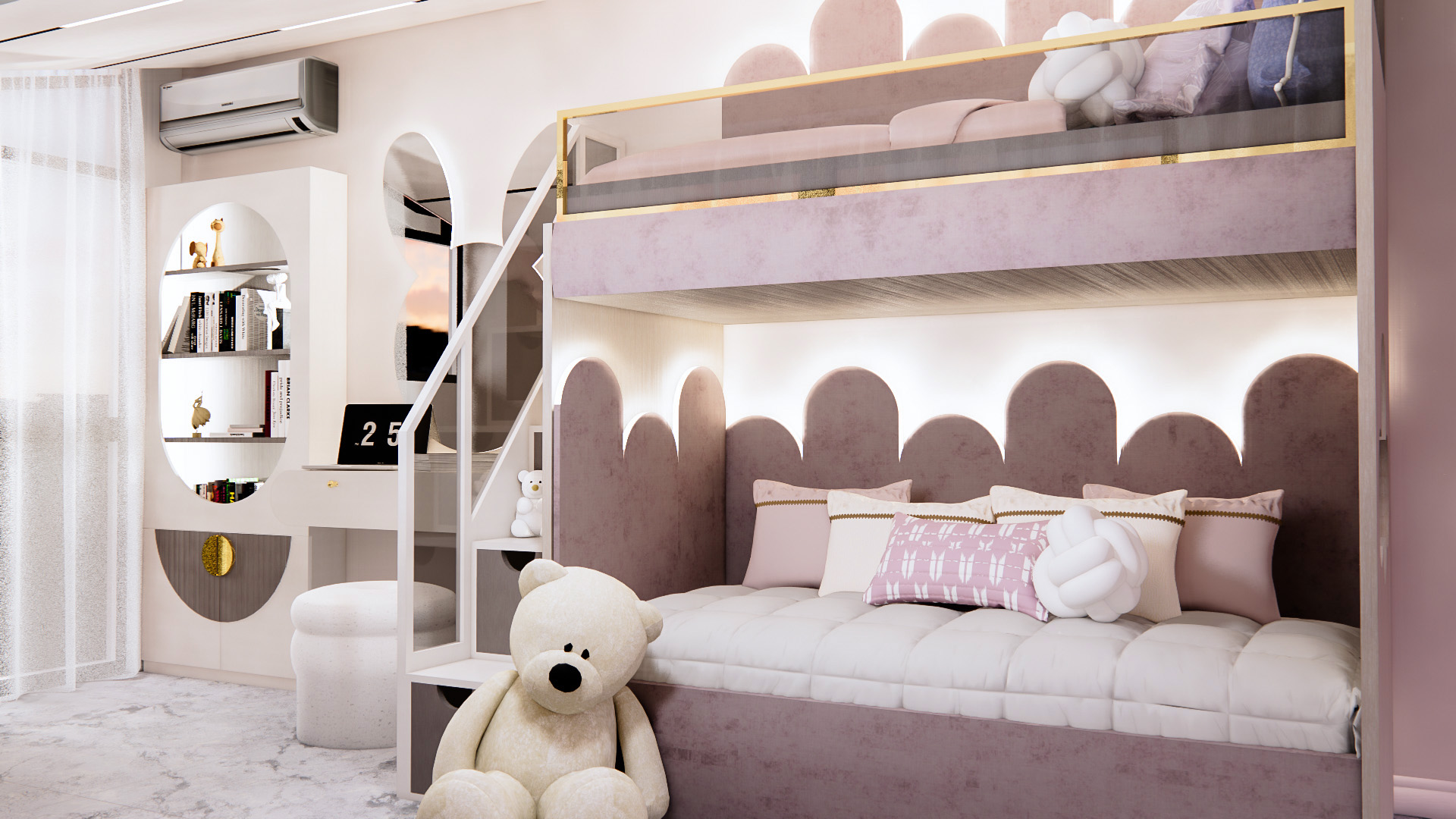 Pink children's bunk bedroom with a study area and playful rounded details