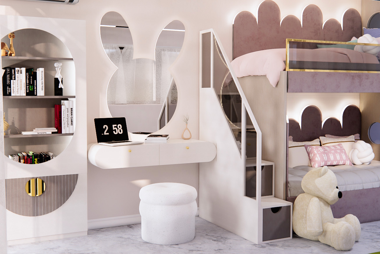 Children's bedroom study desk, sculptural mirrors, and bunk-bed staircase