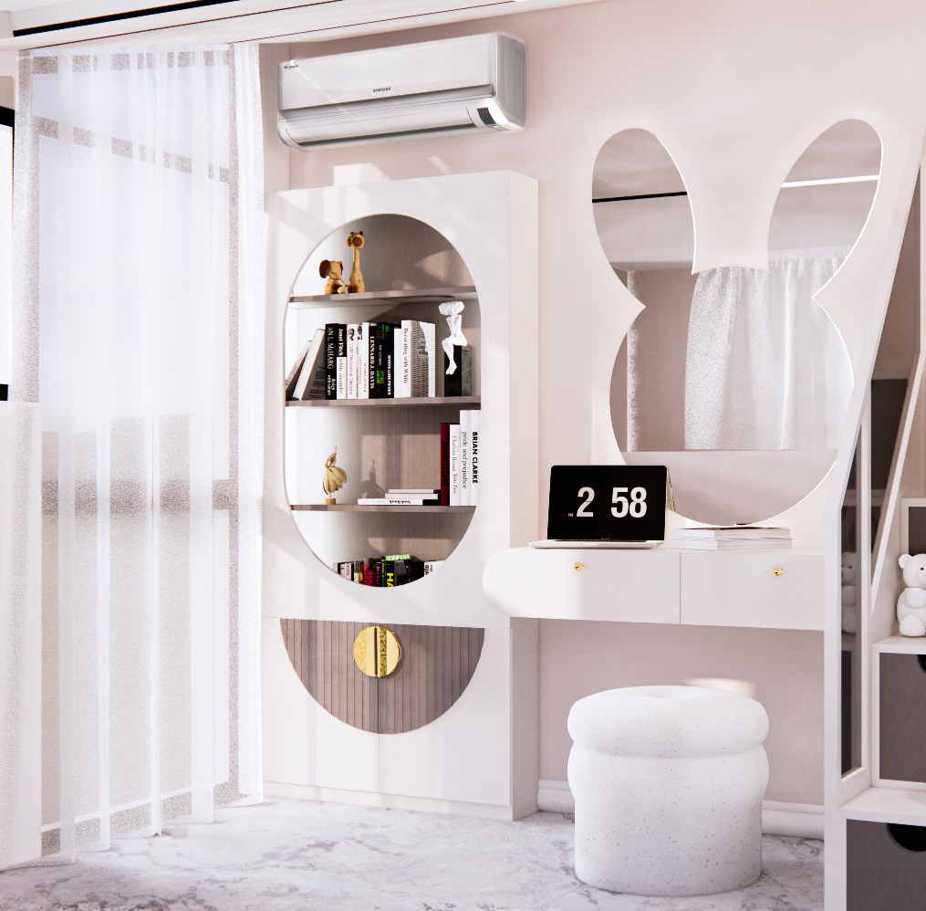 Children's bedroom study cabinet with softly curved shelving and mirrors