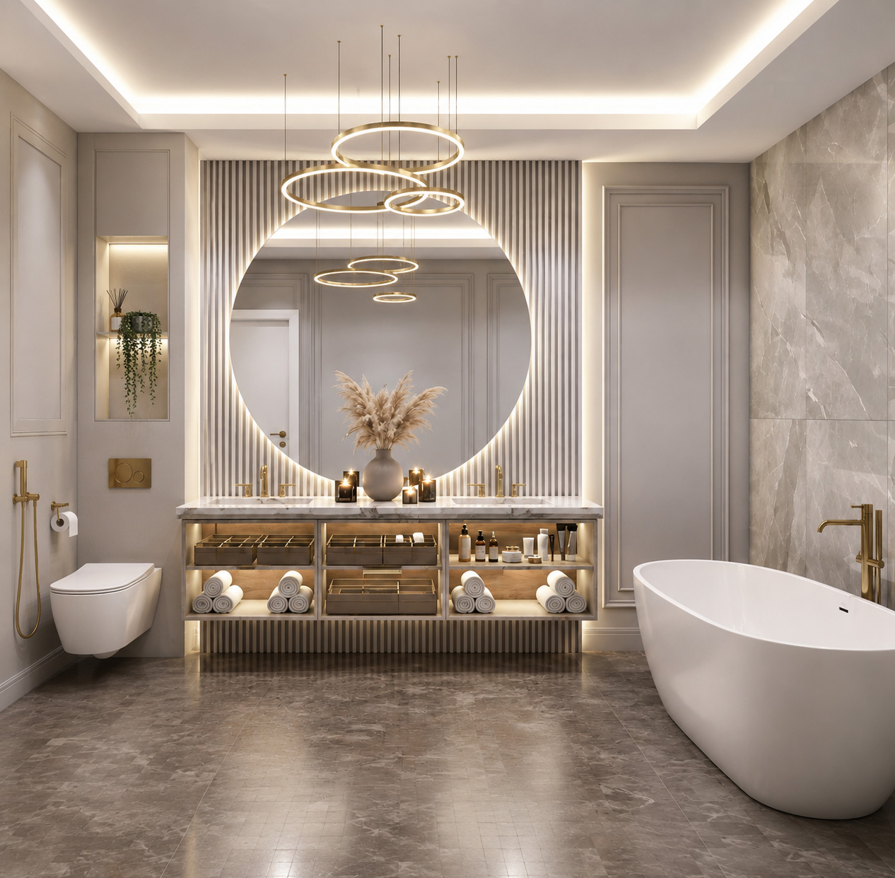 Contemporary bathroom with a round backlit mirror, double vanity, and freestanding bath