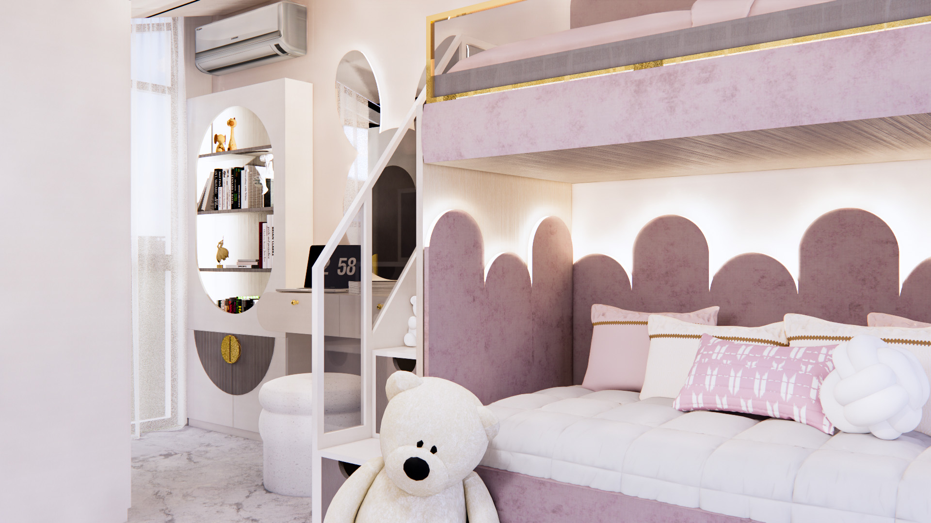 Pink bunk-bed detail with integrated lighting, storage, and a study corner