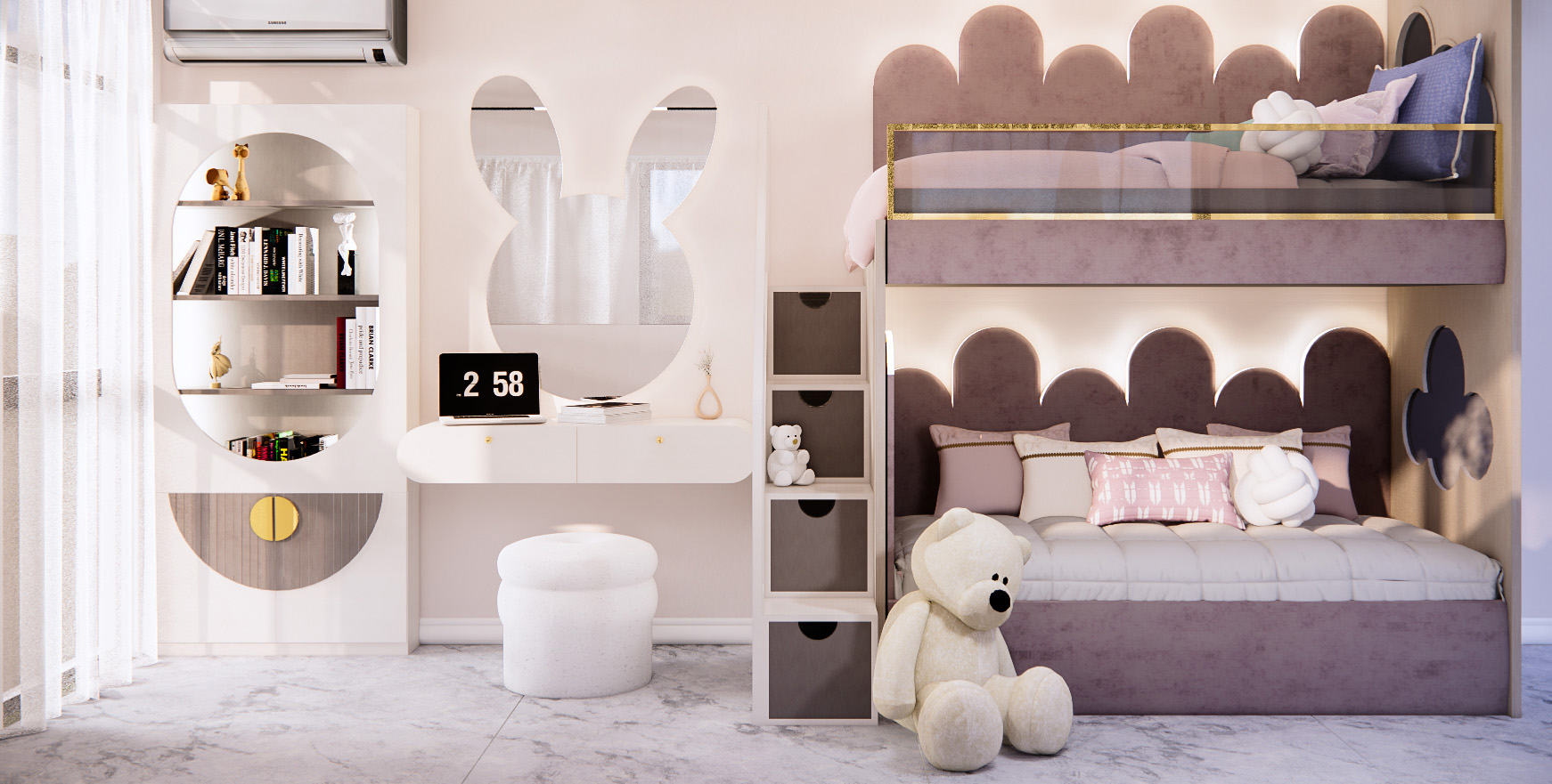 Full view of the pink children's bunk bedroom and coordinated study area