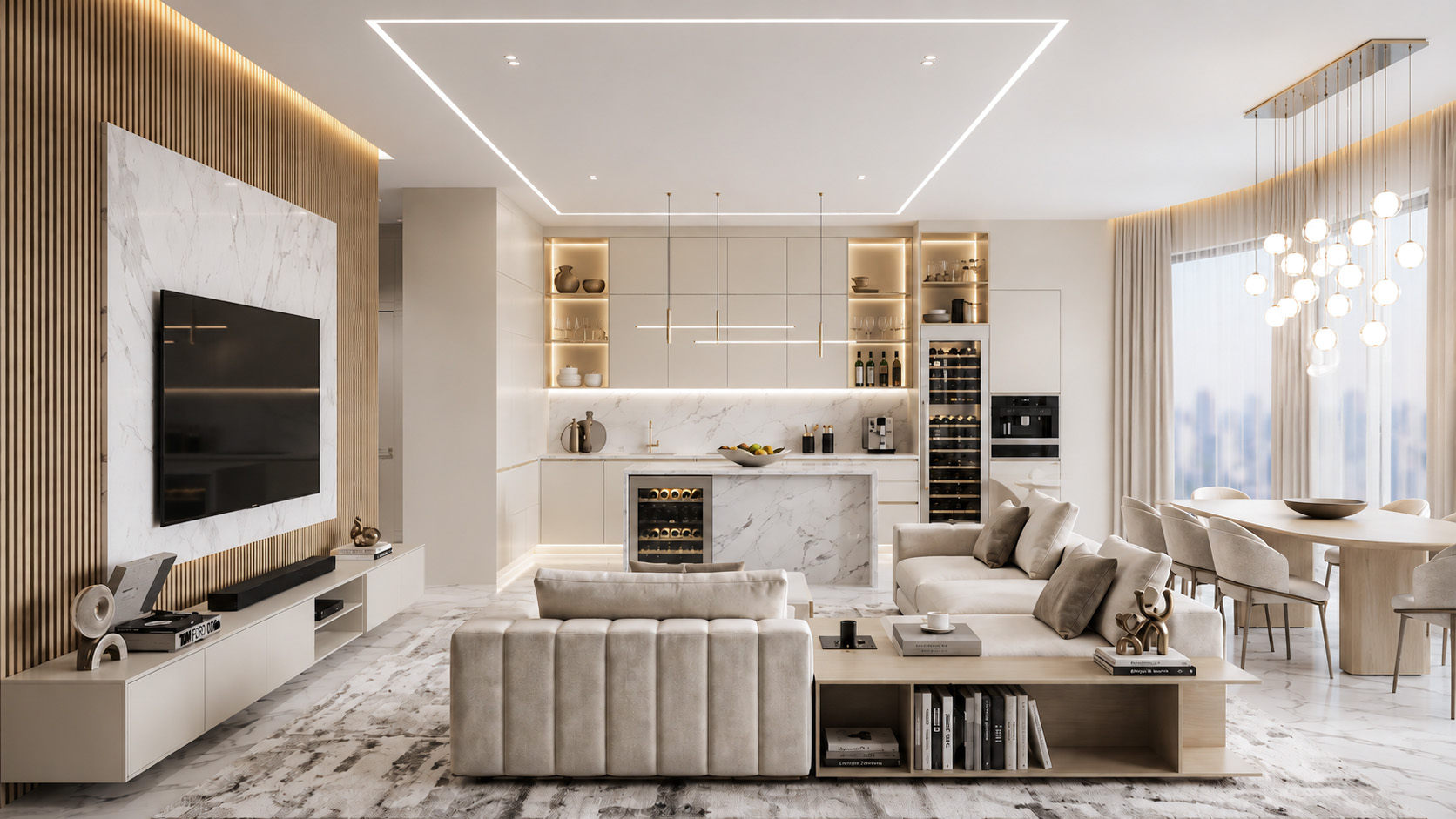 Open-plan living, kitchen, and dining area in Albania Interior Apartment