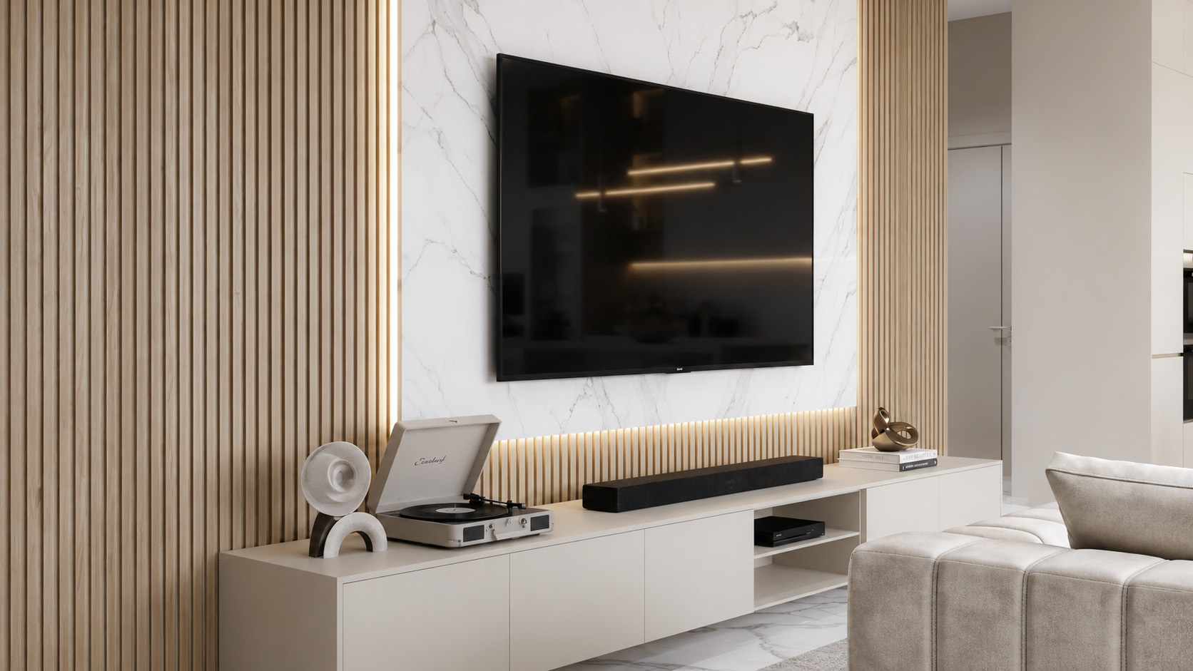 Living-room media wall with marble, light timber slats, and integrated lighting