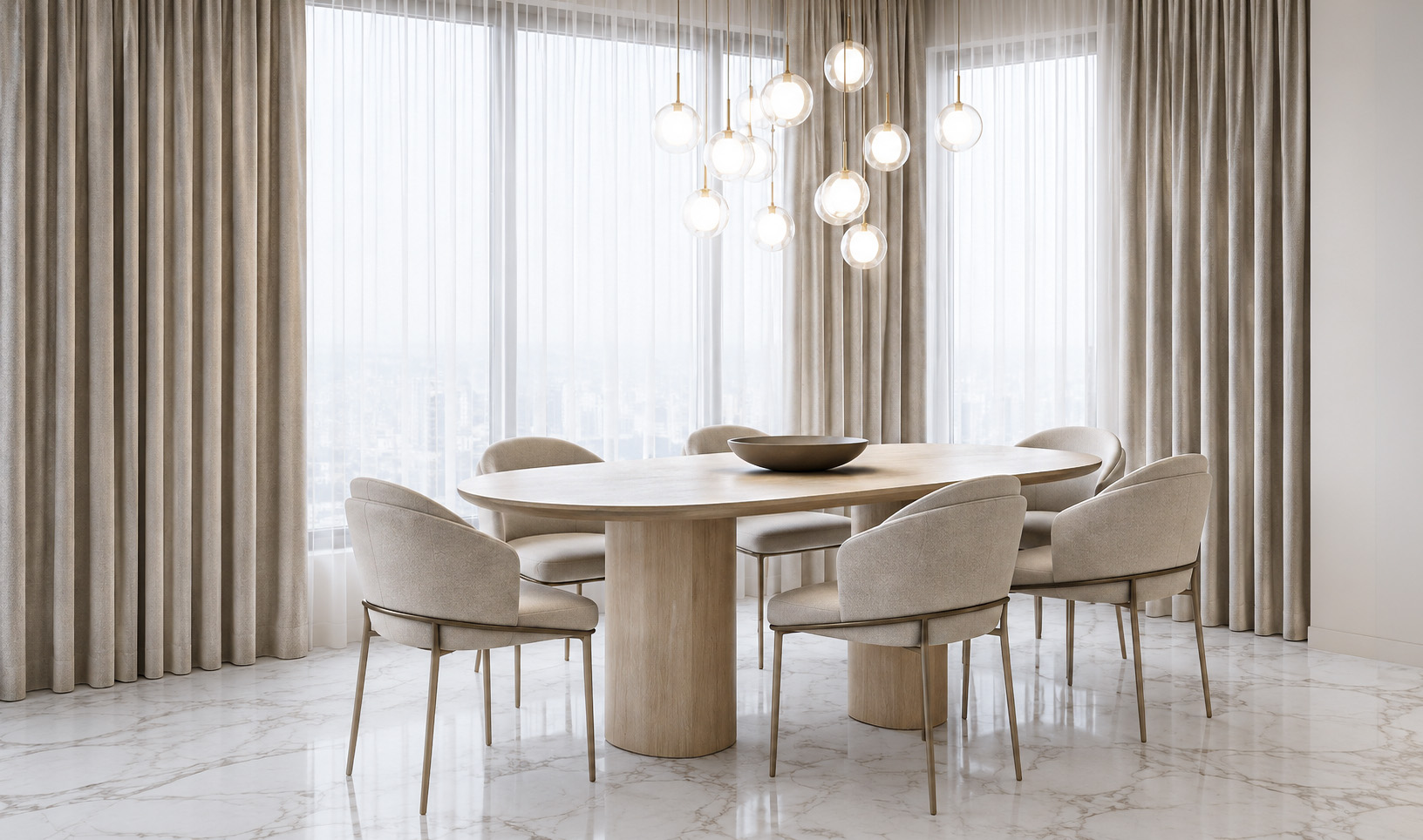 Bright dining area with sculptural pendant lights and floor-to-ceiling curtains