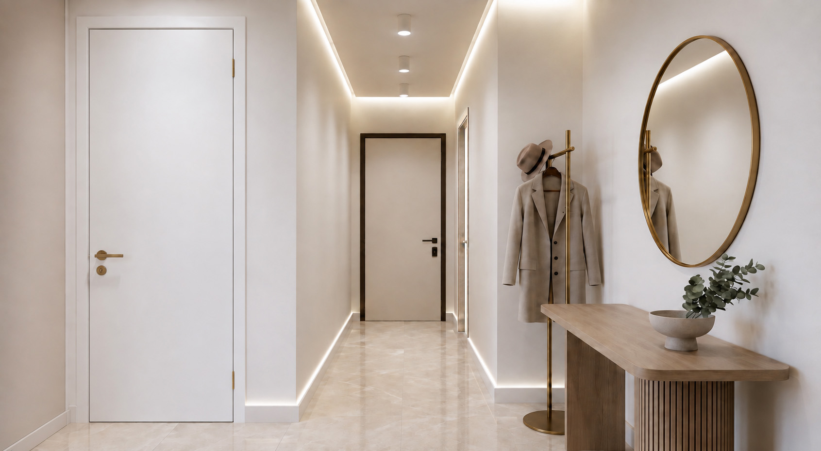 Minimal hallway with concealed lighting, a timber console, and an oval brass mirror