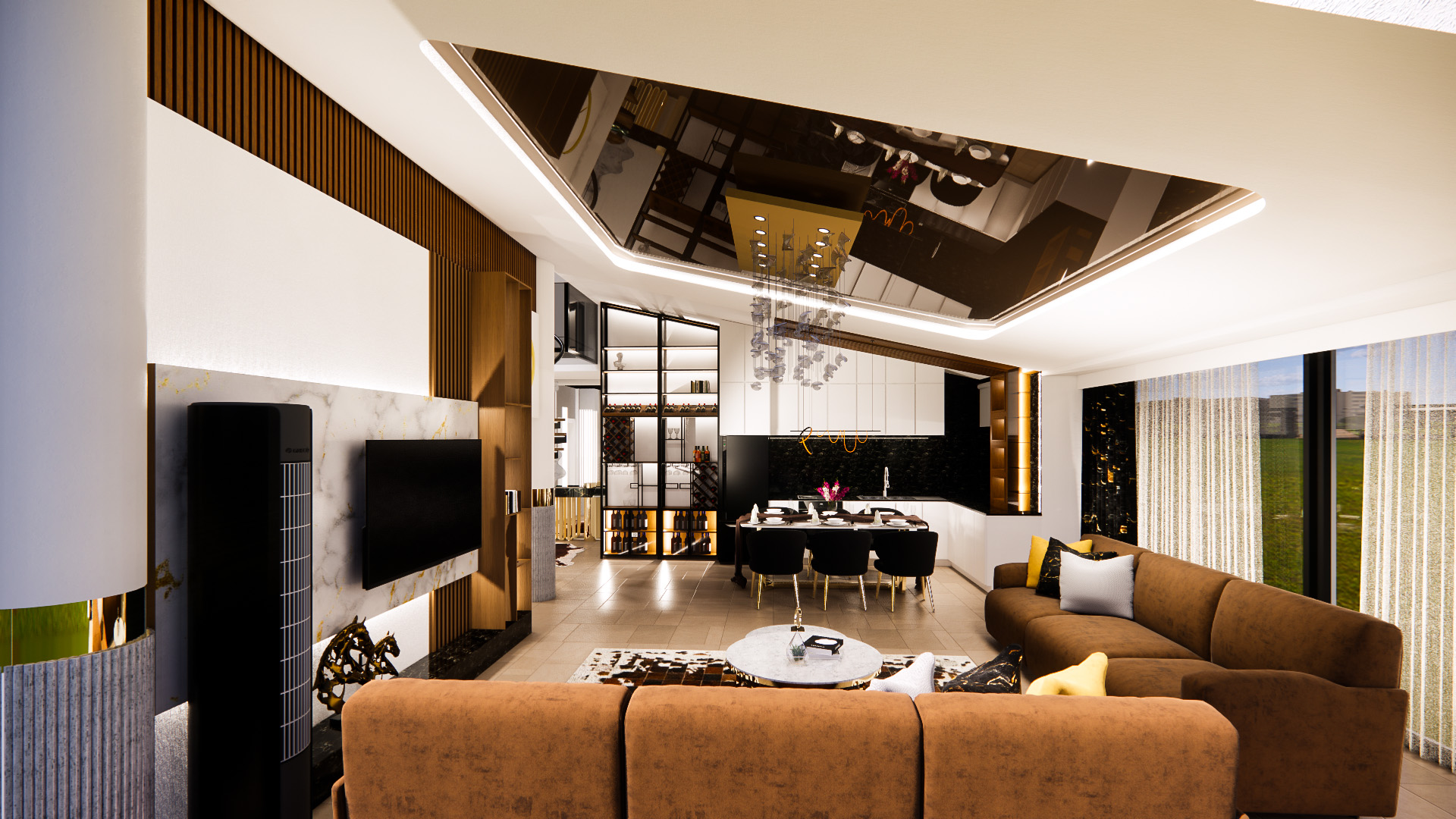 Interior design dining and lounge area with warm lighting