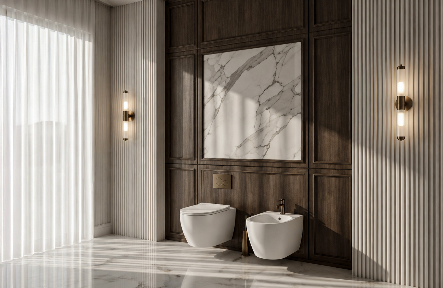 Bathroom with dark wood wall panels and marble detail