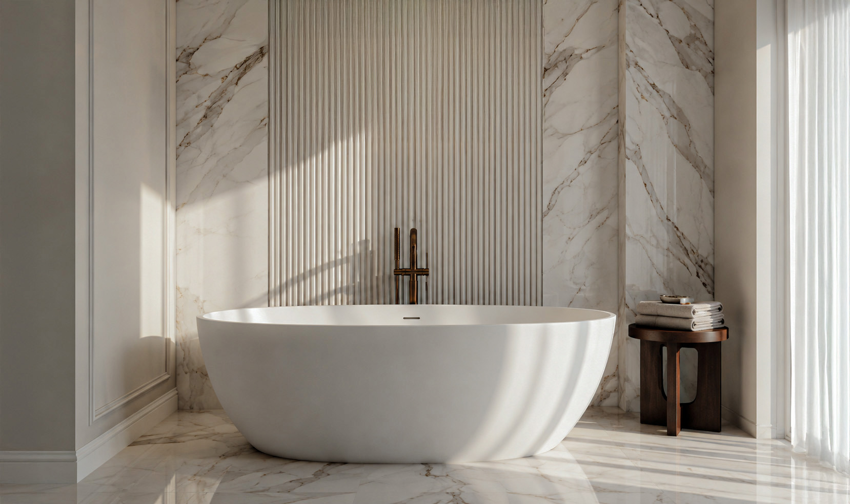 Bathroom with freestanding bathtub and marble walls