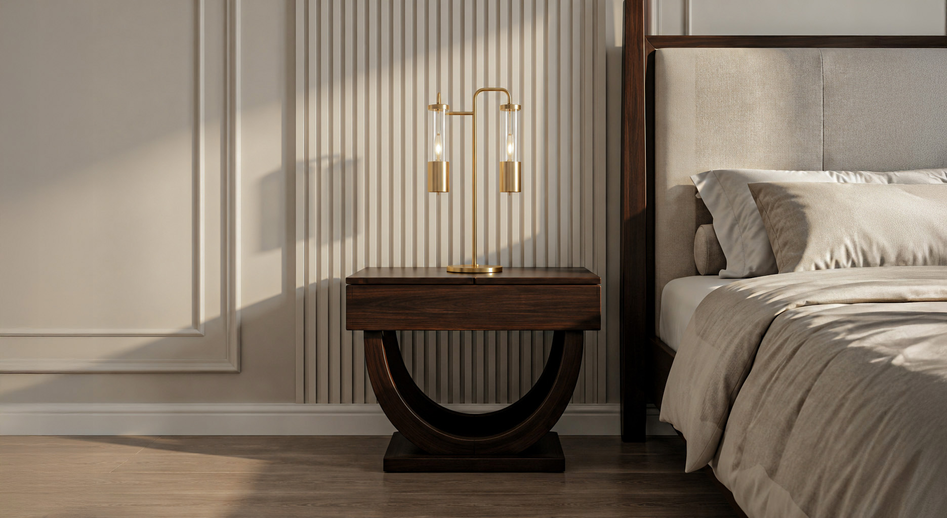 Bedroom bedside detail with warm wood and brass lighting