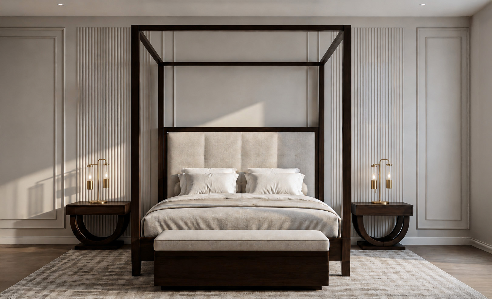 Main bedroom with four-poster bed and neutral finishes