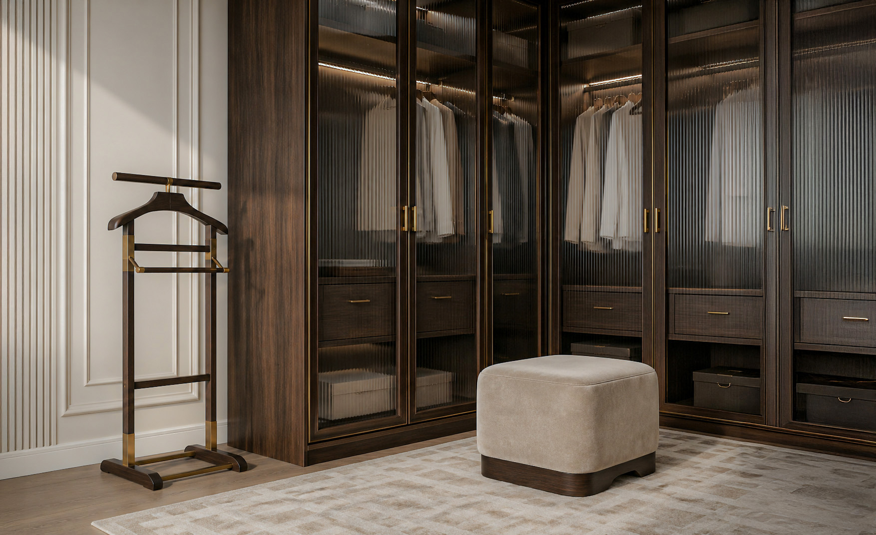 Walk-in wardrobe with dark wood and glass cabinetry
