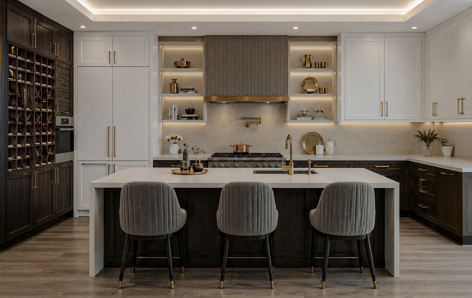 Villa kitchen with dark wood cabinetry and central island