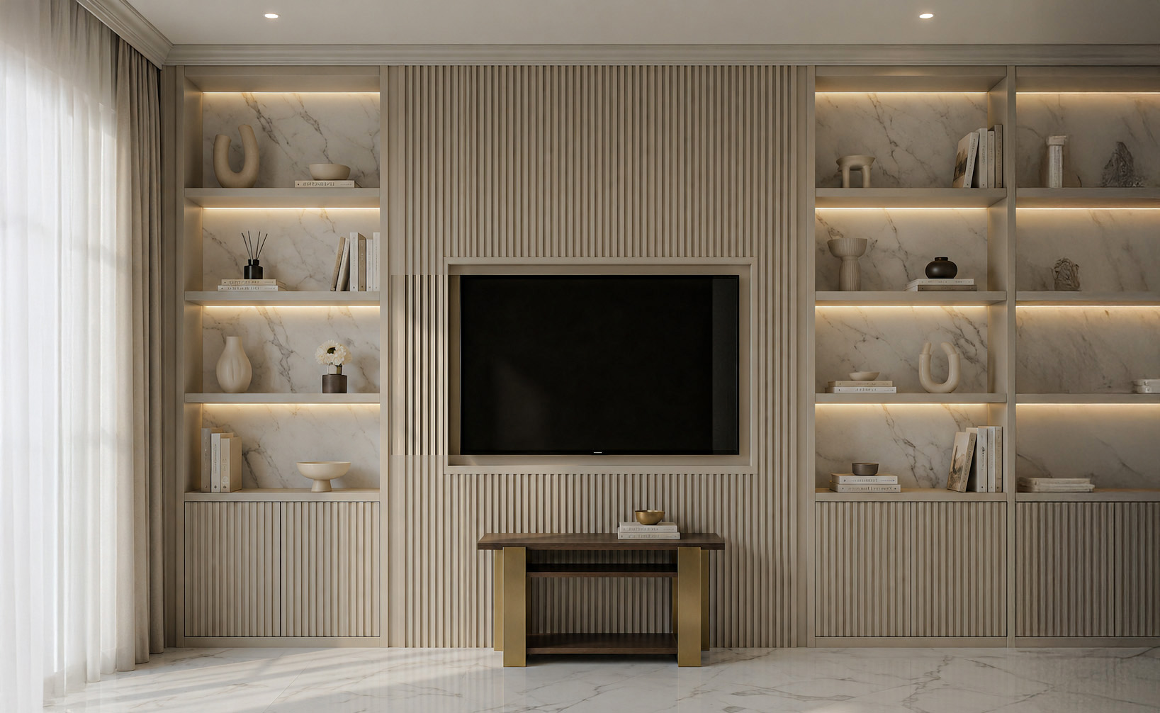 Living room media wall with illuminated marble shelving