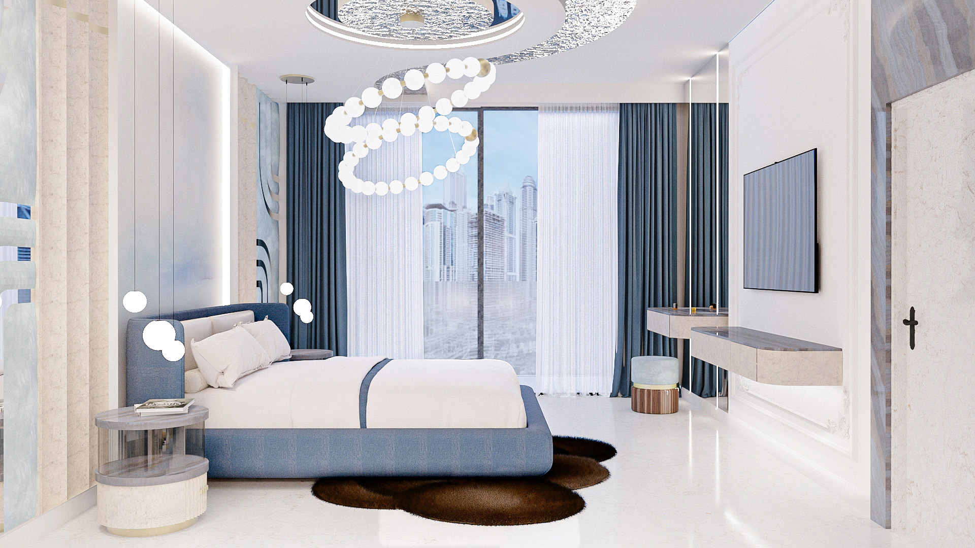 Blue Waters bedroom with city view