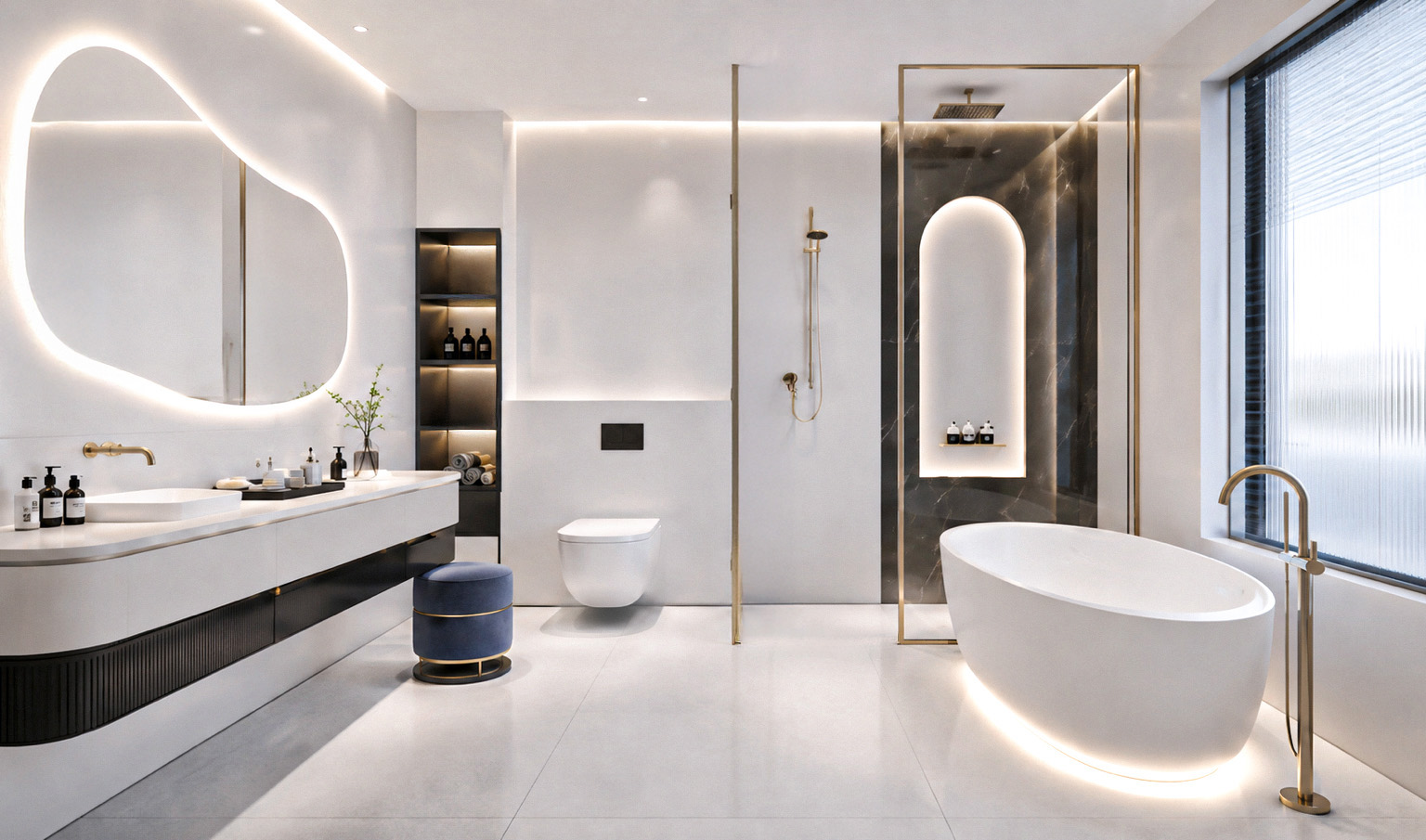 Blue Waters bathroom with illuminated freestanding tub
