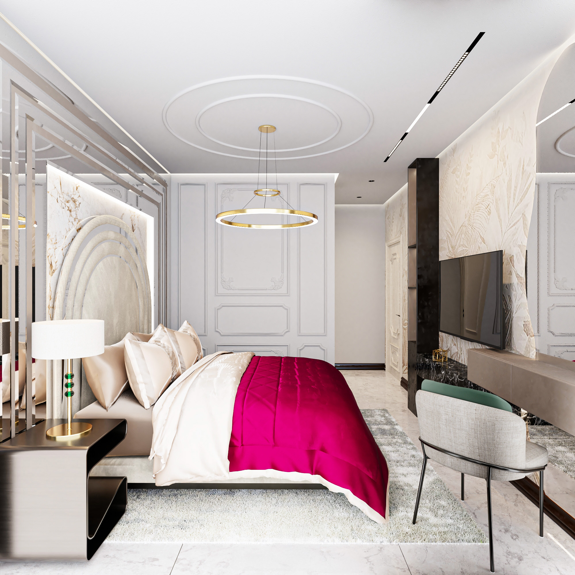 Luxury modern bedroom with rose-inspired pink accent bedding