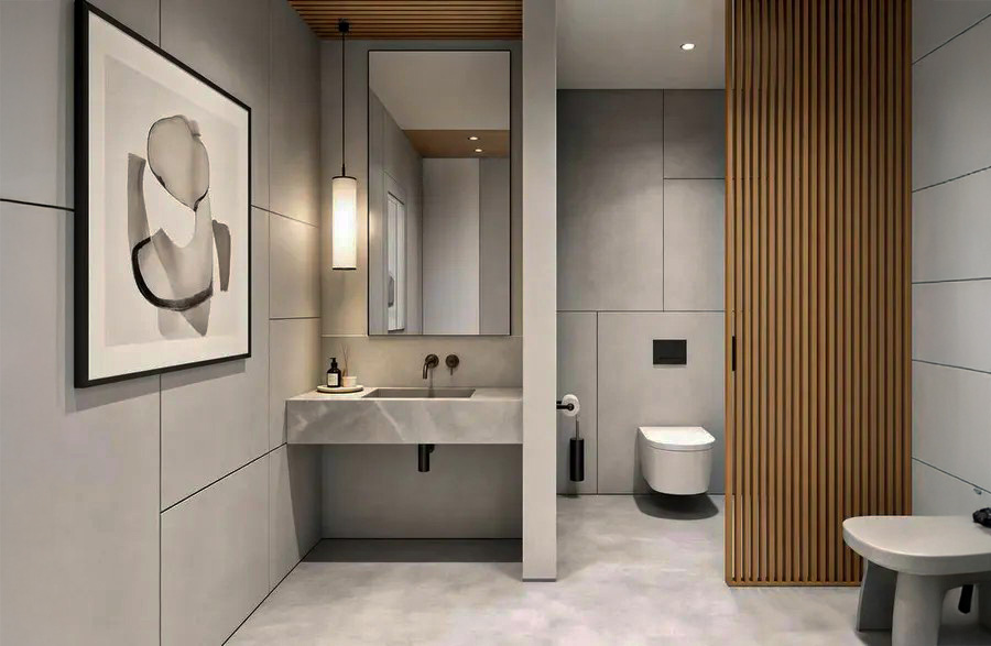 Wadi Al Shabak Private Villa bathroom with timber screen