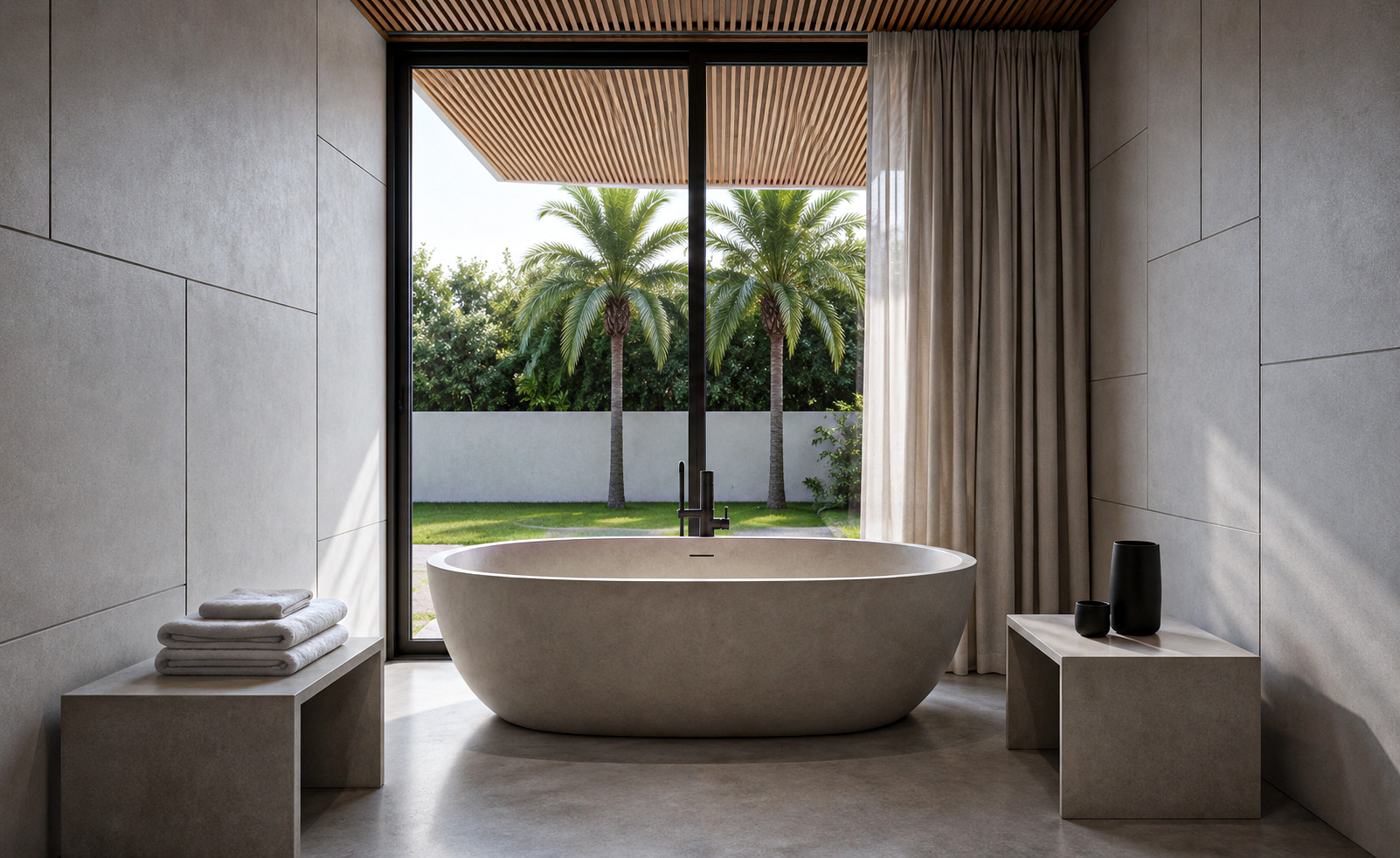 Wadi Al Shabak Private Villa bathroom overlooking the garden