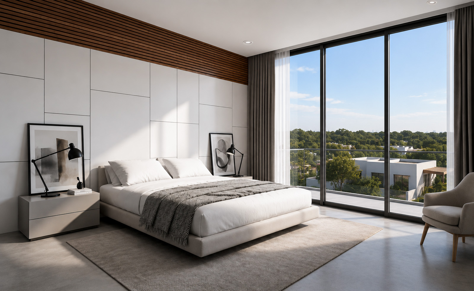 Wadi Al Shabak Private Villa bedroom with panoramic glazing