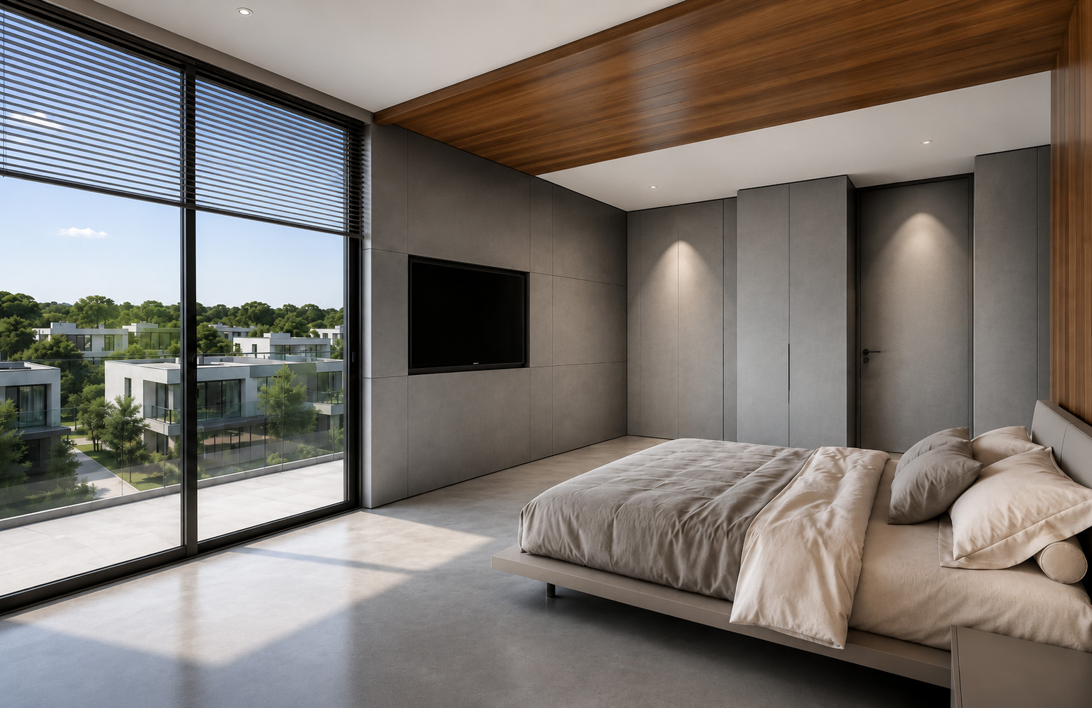 Wadi Al Shabak Private Villa bedroom with integrated wall storage