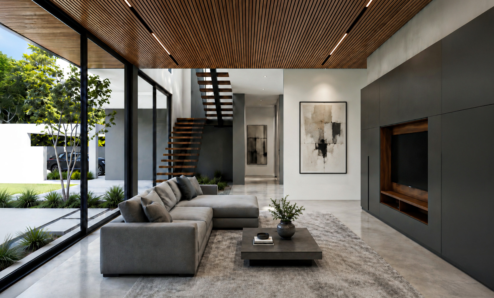 Wadi Al Shabak Private Villa living hall with timber ceiling