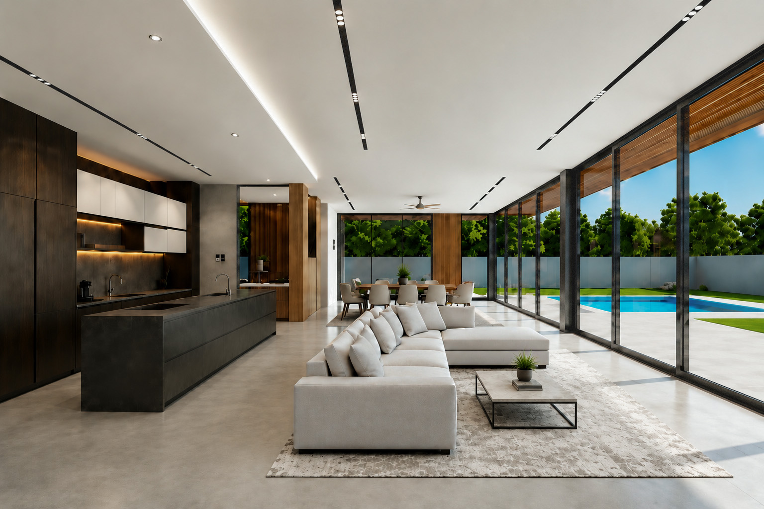 Open-plan living room and kitchen in the Wadi Al Shabak Private Villa
